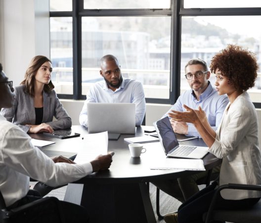 Millennial black businesswoman addressing colleagues at a corporate business meeting, close up